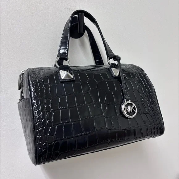 NWT Michael Kors Grayson Black Medium Crocodile-Embossed Leather Duffel Satchel - Picture 3 of 13